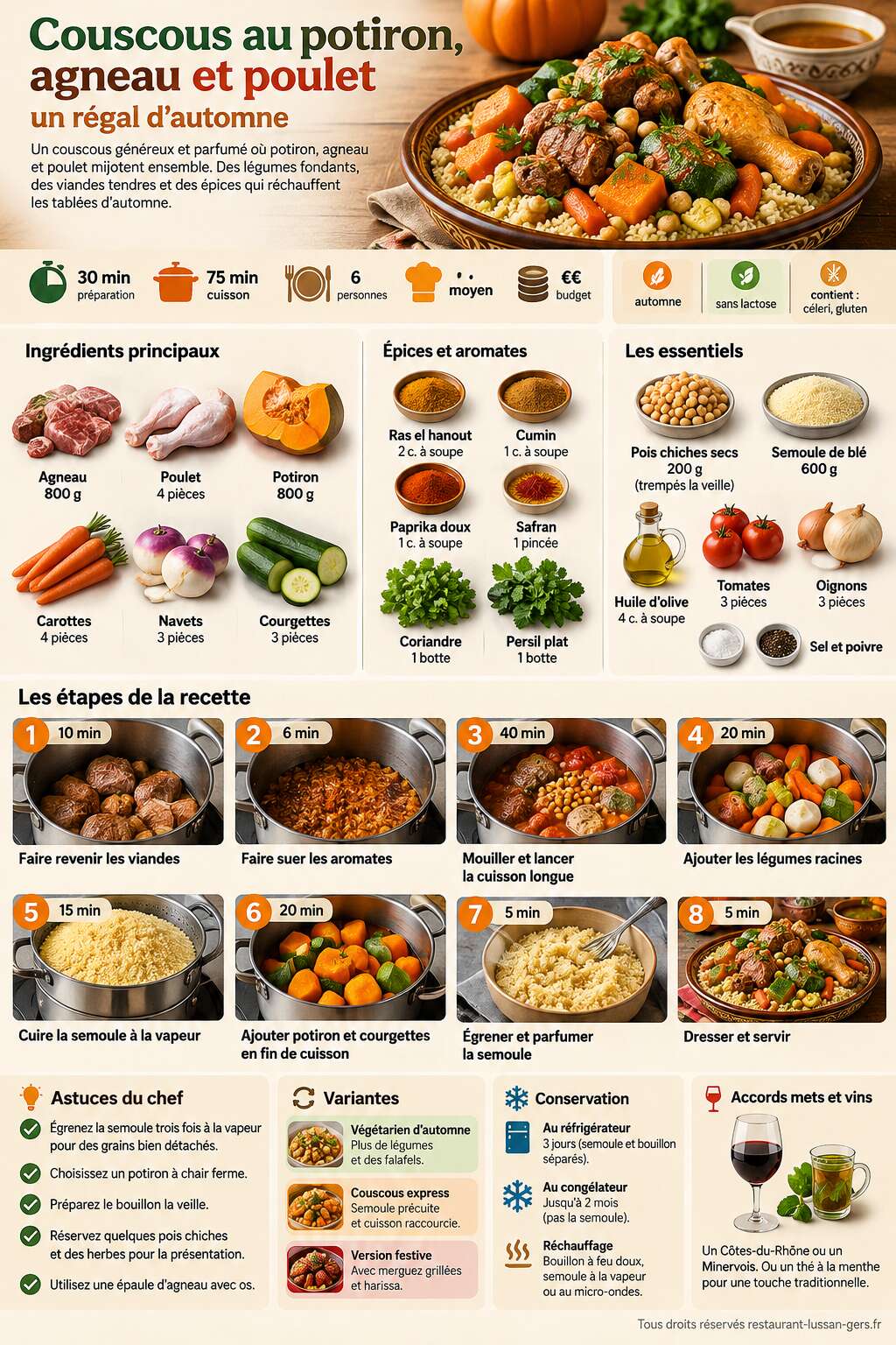 Fiche recette Couscous au potiron, agneau et poulet : un régal d'automne Fiche recette Couscous au potiron, agneau et poulet : un régal d'automne