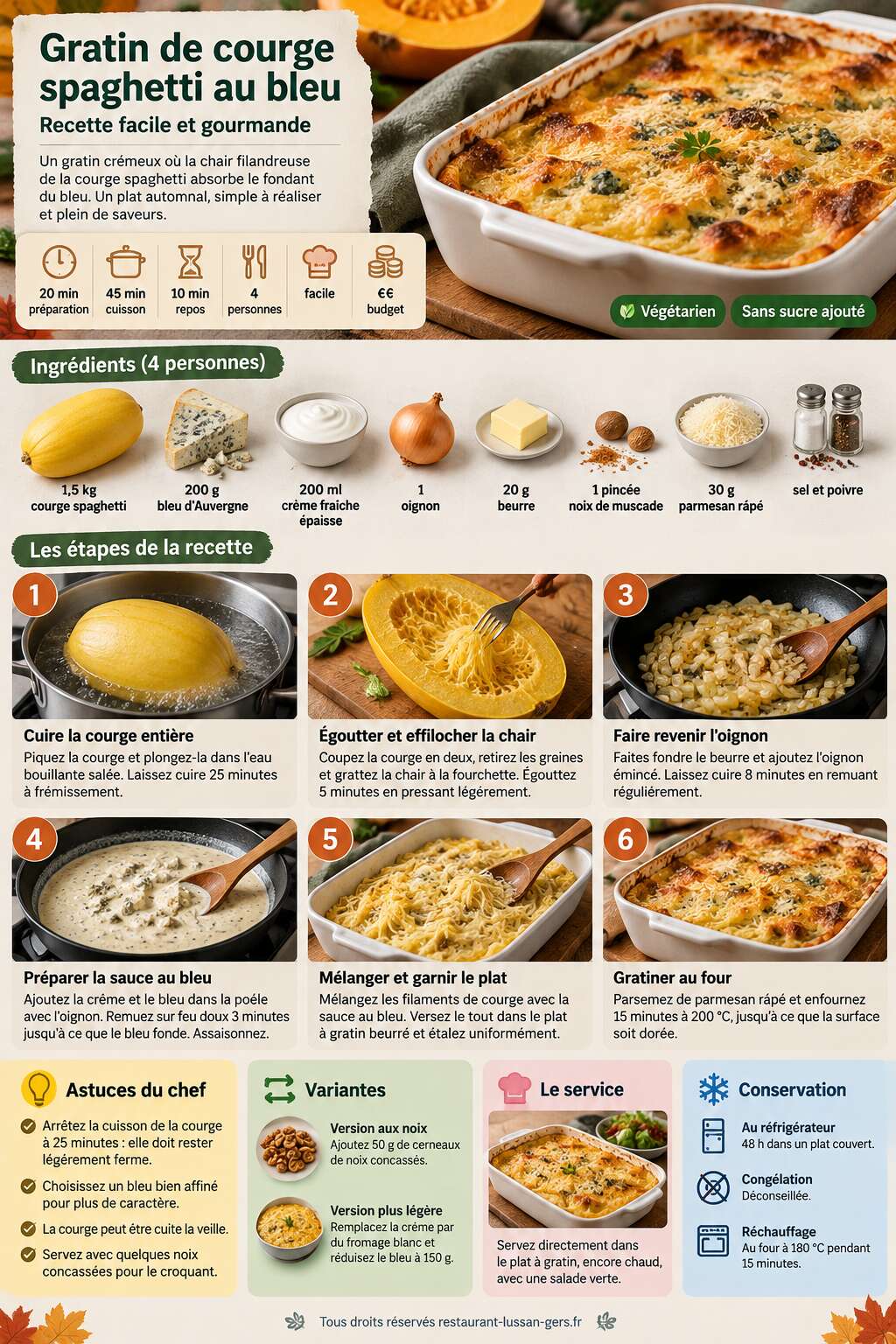 Fiche recette Gratin de courge spaghetti au bleu : recette facile et gourmande Fiche recette Gratin de courge spaghetti au bleu : recette facile et gourmande