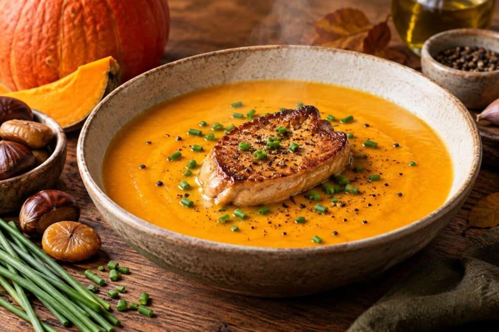 Velouté d'automne au potimarron, châtaignes et foie gras