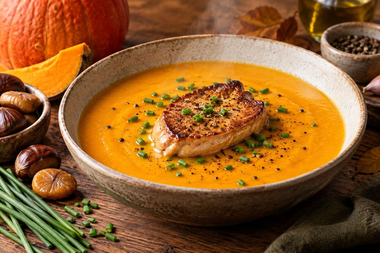 Velouté d'automne au potimarron, châtaignes et foie gras