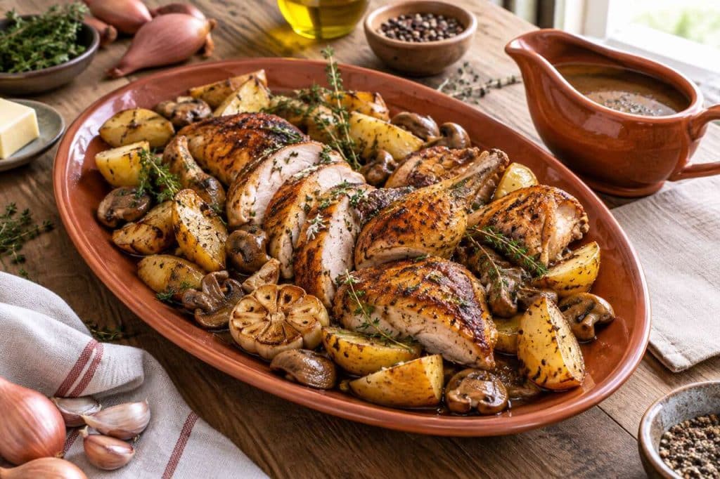 Pintade rôtie au four : champignons et pommes de terre fondantes