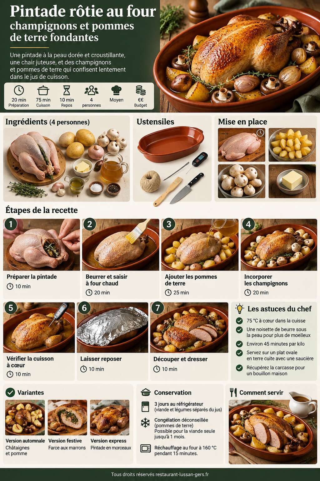 Fiche recette Pintade rôtie au four : champignons et pommes de terre fondantes Fiche recette Pintade rôtie au four : champignons et pommes de terre fondantes